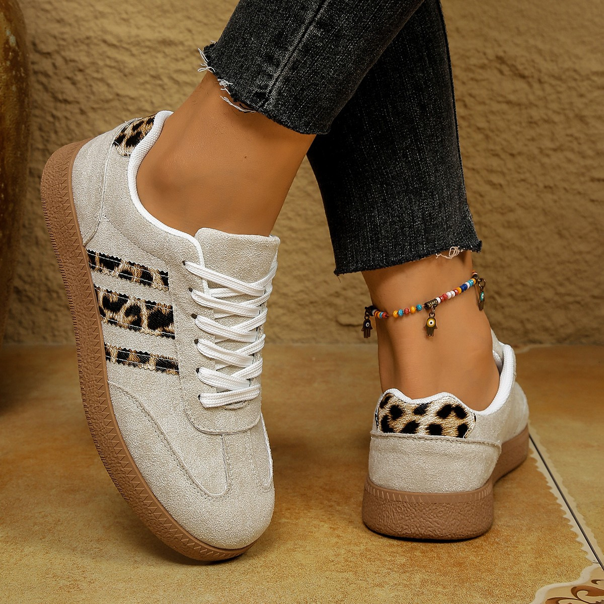 Women's Beige Suede Sneakers With Leopard Print Stripes And Gum Sole