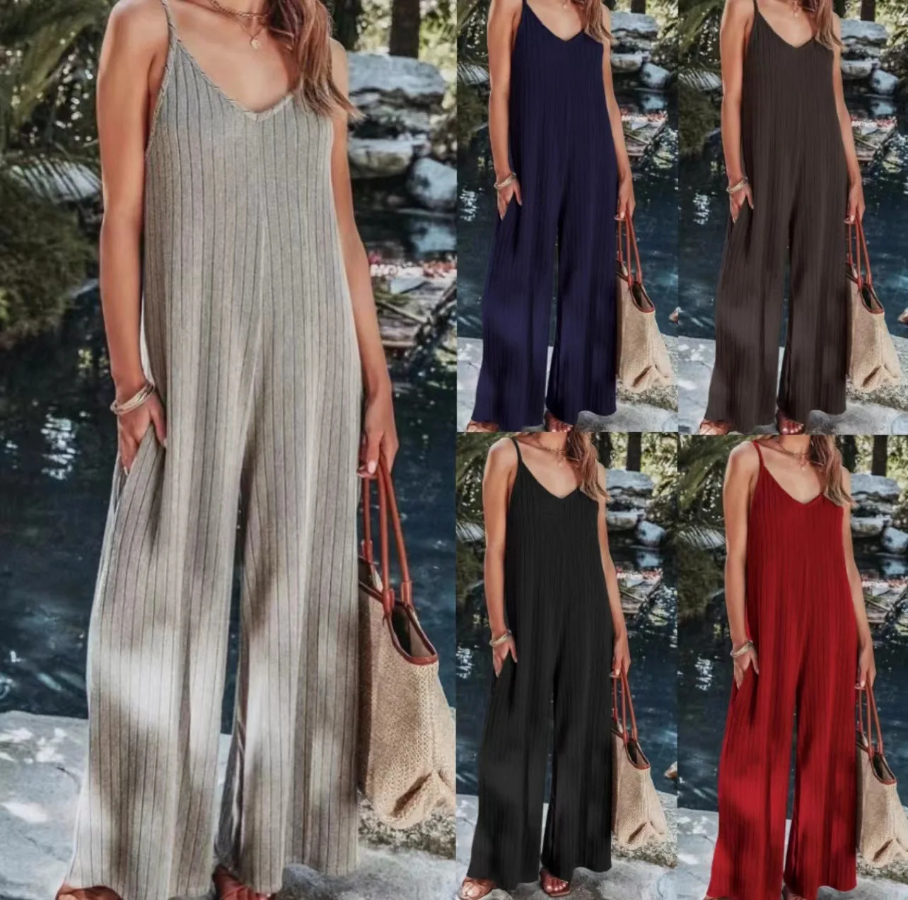 Europe and America Jumpsuit Womens Cross border Summer Female Thread Backless Solid Color Sexy jumpsuit 260506
