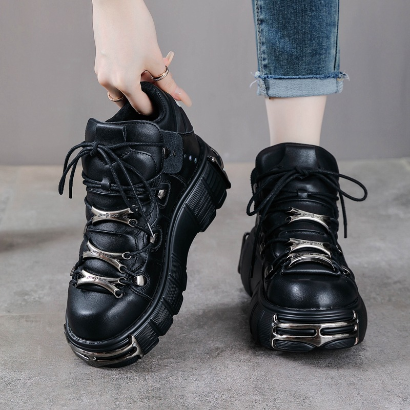 New 2026 NEW Style Women Lace-Up Heel Height 6Cm Platform Shoes Gothic Ankle Rock Boots Metal Decor Woman Sneakers 36-45