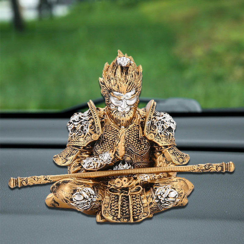 Vibrant Monkey King Figurine - 1 Set Hand-Painted Plastic Car Dashboard Ornament with Golden Hooped Staff 260227