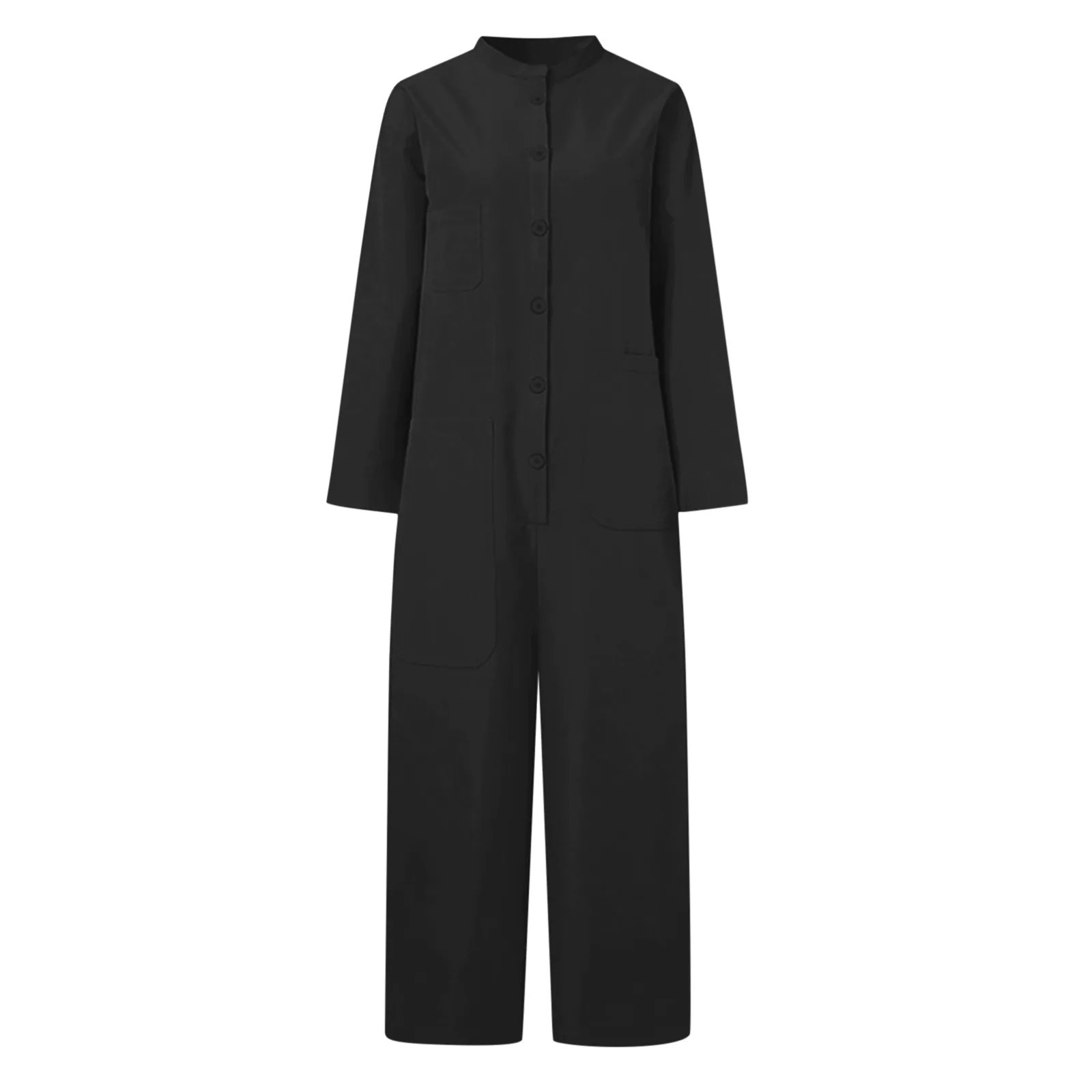 Solid Color Casual Loose Pocket Jumpsuit Women Fall Simple Long Sleeve Shirt Female Vacation Rompers Fashionable Streetwear 260506