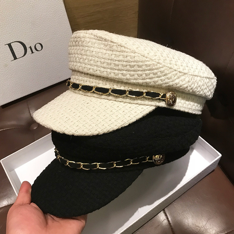 British flat top octagonal hat for women, Japanese autumn and winter new collection, retro fashion chain duckbill hat, Korean version navy beret