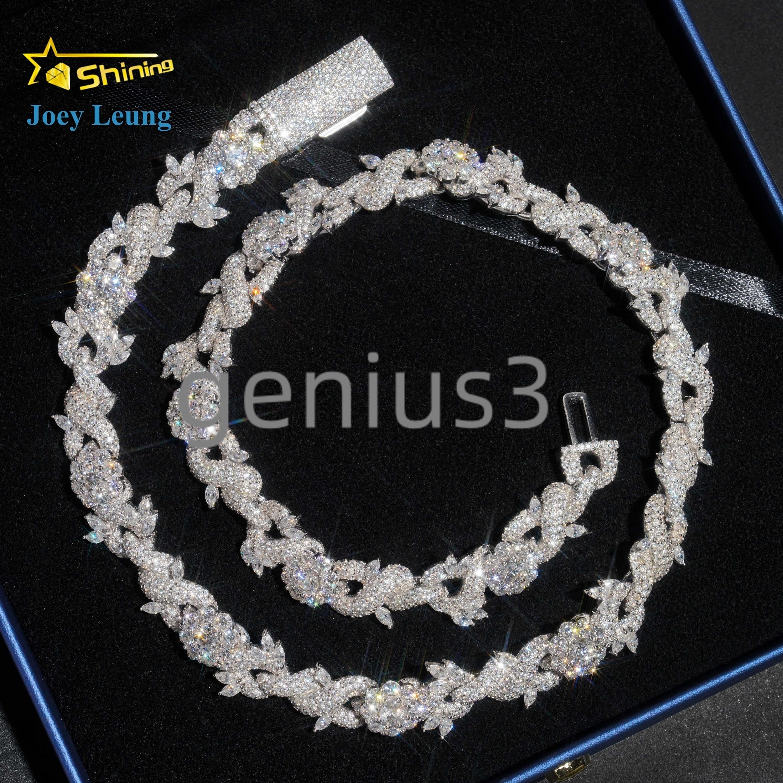 New Custom Design Silver 925 Fashion Luxury Flower Moissanite Diamond Hip Hop Jewelry Iced Out 15MM Cuban Link Chain