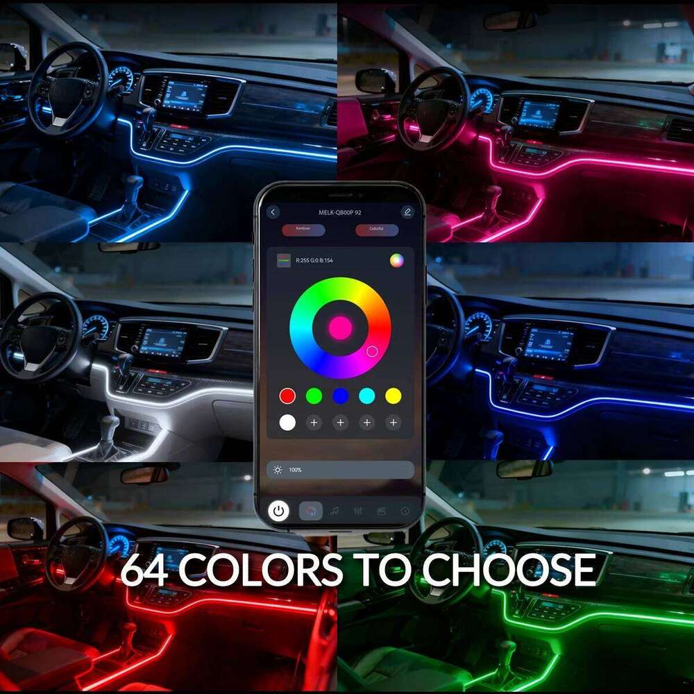 18 in 1 RGB Ambient Kit 64 Color Music APP Dynamic Streamer LED Hidden Acrylic Neon Strip Car Interior Light