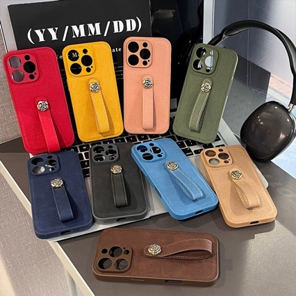 Japanese and Korean INS Moon Pit Pattern iPhone 16 Pro Max Case Camellia Wrist Strap Leather 15 Full Coverage