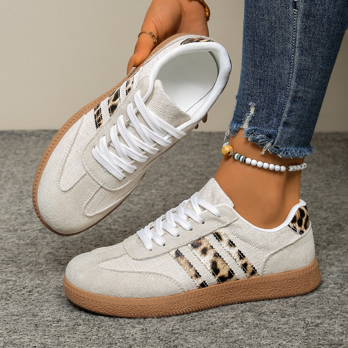 Women's Beige Suede Sneakers With Leopard Print Stripes And Gum Sole