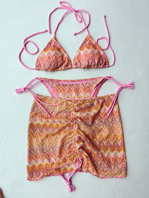 Summer Womens Swimsuit 3 Piece Knitted Bikini Set with Wrap Coverup Halter Swimsuits for Beach Vacations 260402