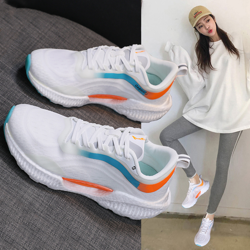 Women's Lightweight White-Orange Gradient Mesh Running Minimalist Shoes With Breathable Upper And "XO" Logo