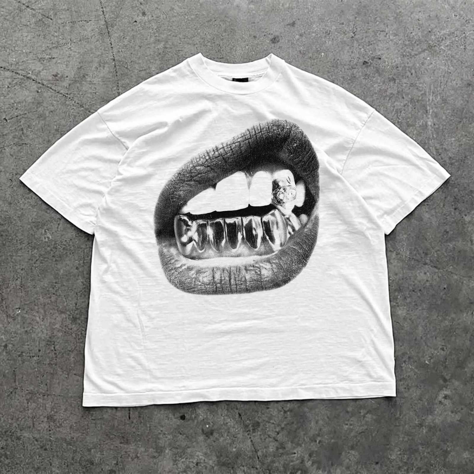 Big Lips Y2k Mouth T Shirt Grillz White T Shirt - Unisex Y2k Shirt Streetwear T Shirt Men Clothing ComfortableT260504