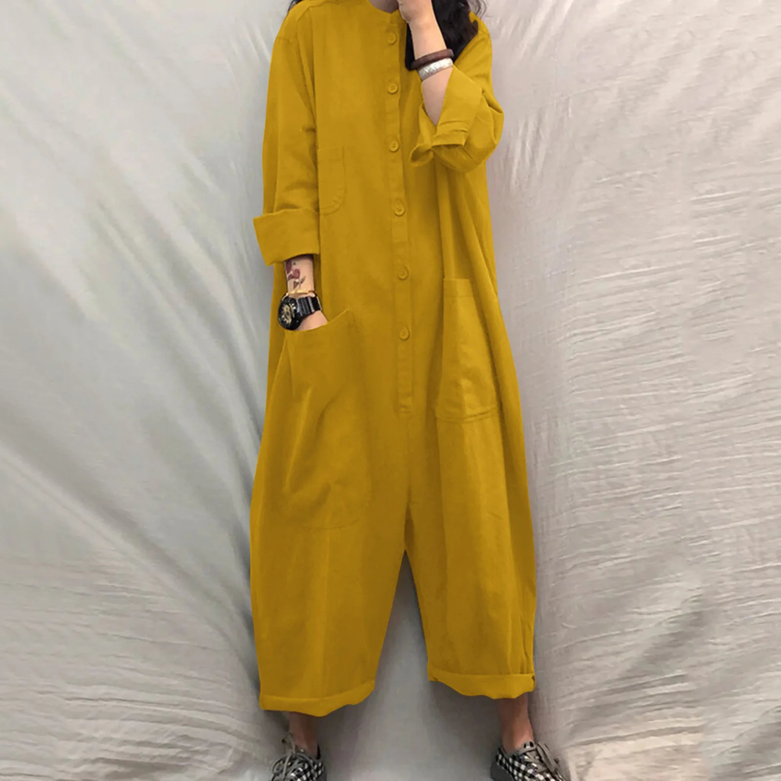 Solid Color Casual Loose Pocket Jumpsuit Women Fall Simple Long Sleeve Shirt Female Vacation Rompers Fashionable Streetwear 260506