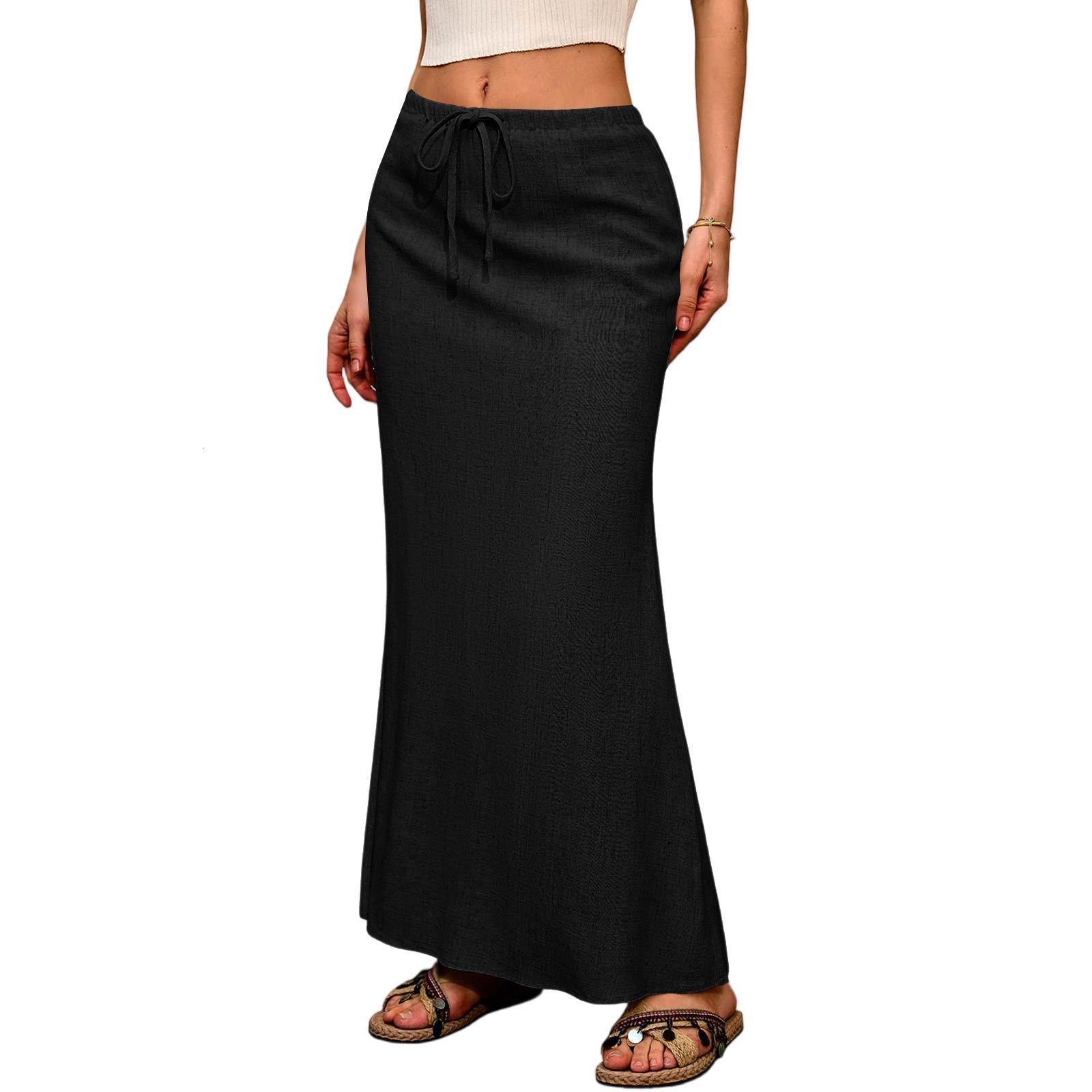 Solid Drawstring Waist Side Shirring Skirt Casual Asymmetrical Ankle Skirt Womens Clothing 240806 - view 3