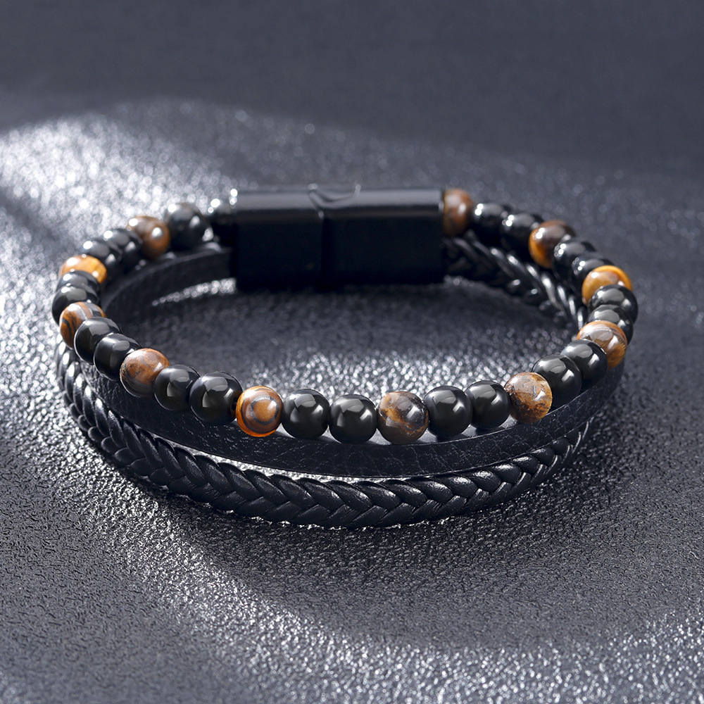 Simple hand woven leather natural Tiger Eye Stone Bracelet volcanic stone beads mens 260122
