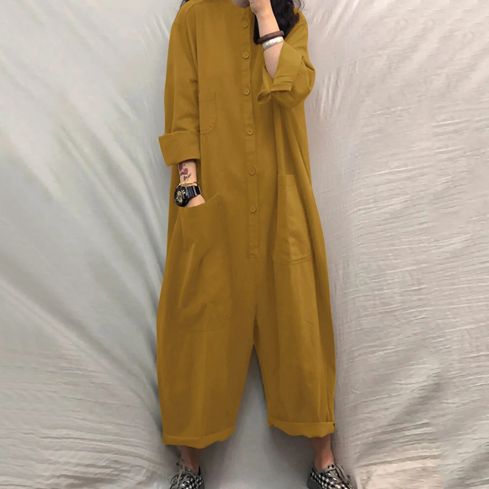 Solid Color Casual Loose Pocket Jumpsuit Women Fall Simple Long Sleeve Shirt Female Vacation Rompers Fashionable Streetwear 260506