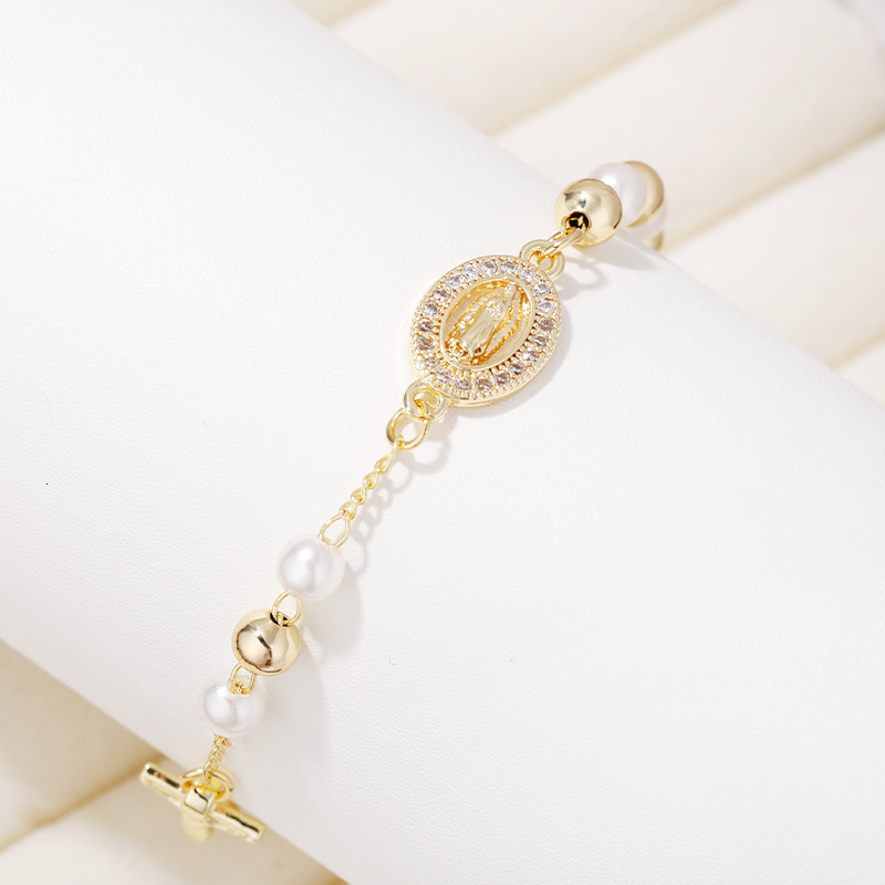Natrual Pearls Beads Rosary Bracelet with Gold Color Stainless Steel Chain Virgin Mary Charm Spiritual Jewelry for Women gift 250617