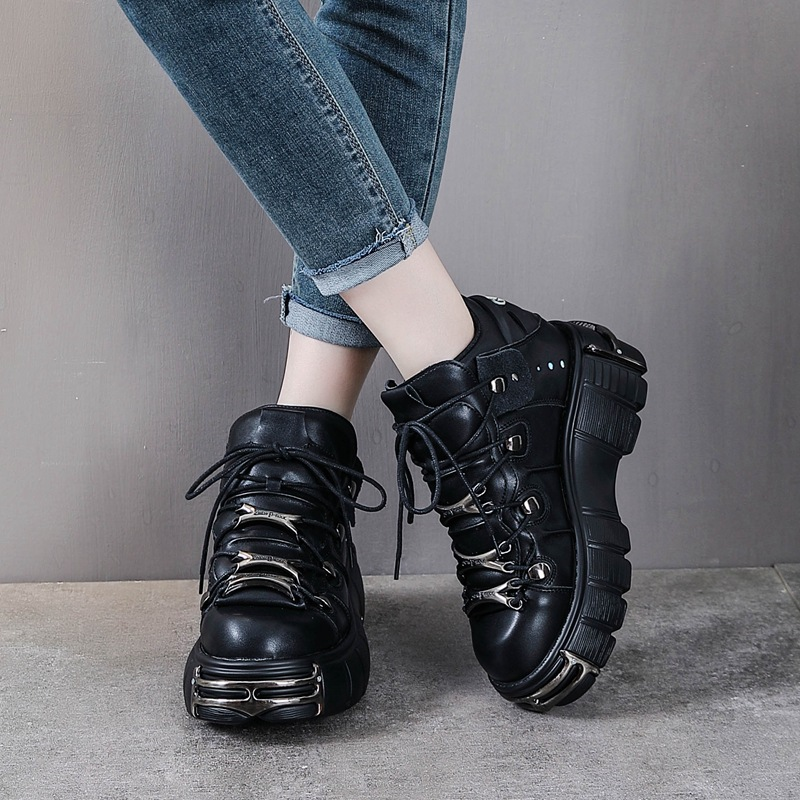New 2026 NEW Style Women Lace-Up Heel Height 6Cm Platform Shoes Gothic Ankle Rock Boots Metal Decor Woman Sneakers 36-45