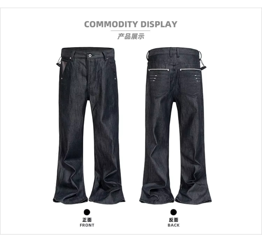 MIJKO Flared Raw Denim Unisex Jeans Washed Wide Leg Dark Blue Leather Patch Long Pants TJ180