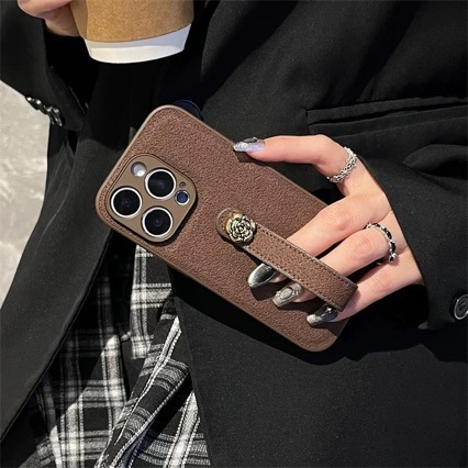 Japanese and Korean INS Moon Pit Pattern iPhone 16 Pro Max Case Camellia Wrist Strap Leather 15 Full Coverage