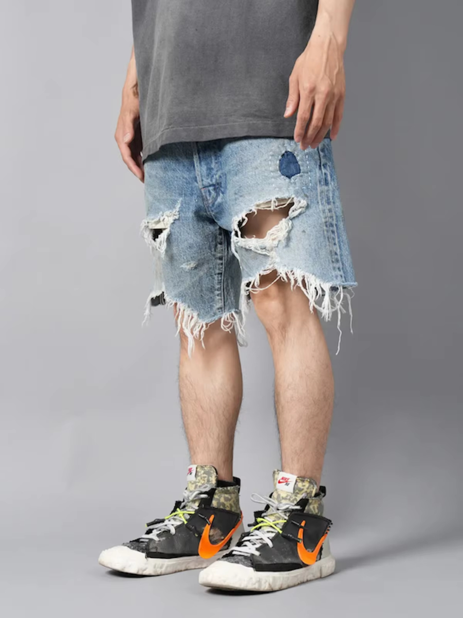 MIJKO Patched Distressed Unisex Frayed Blue Jeans Shorts ZJ148
