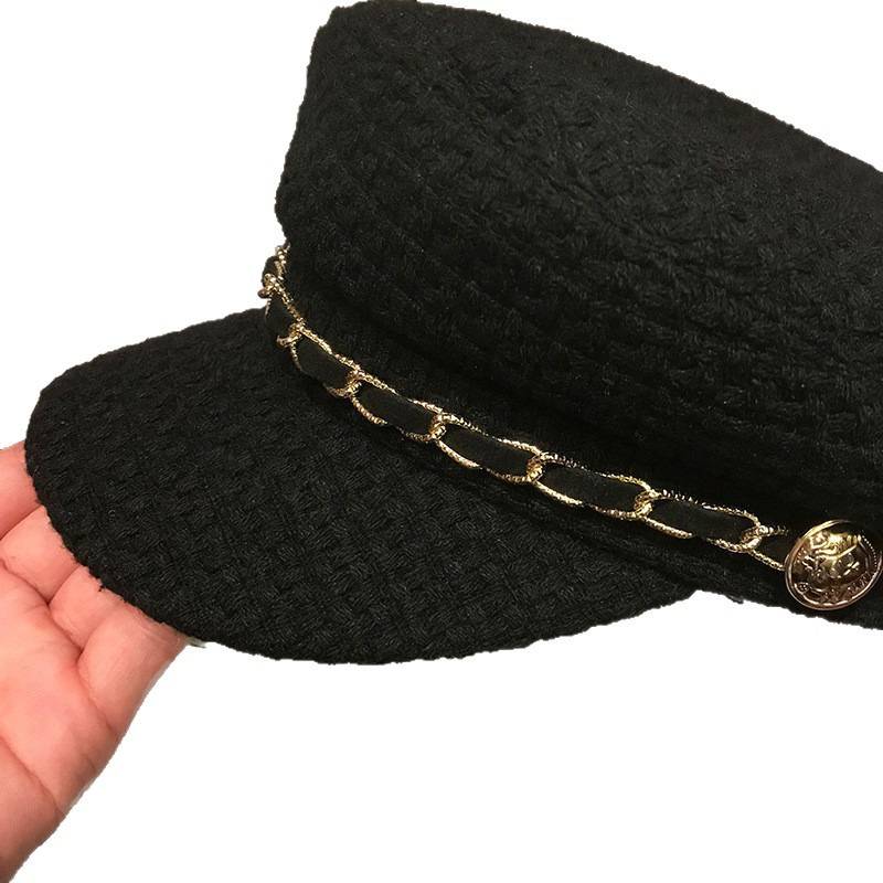 British flat top octagonal hat for women, Japanese autumn and winter new collection, retro fashion chain duckbill hat, Korean version navy beret
