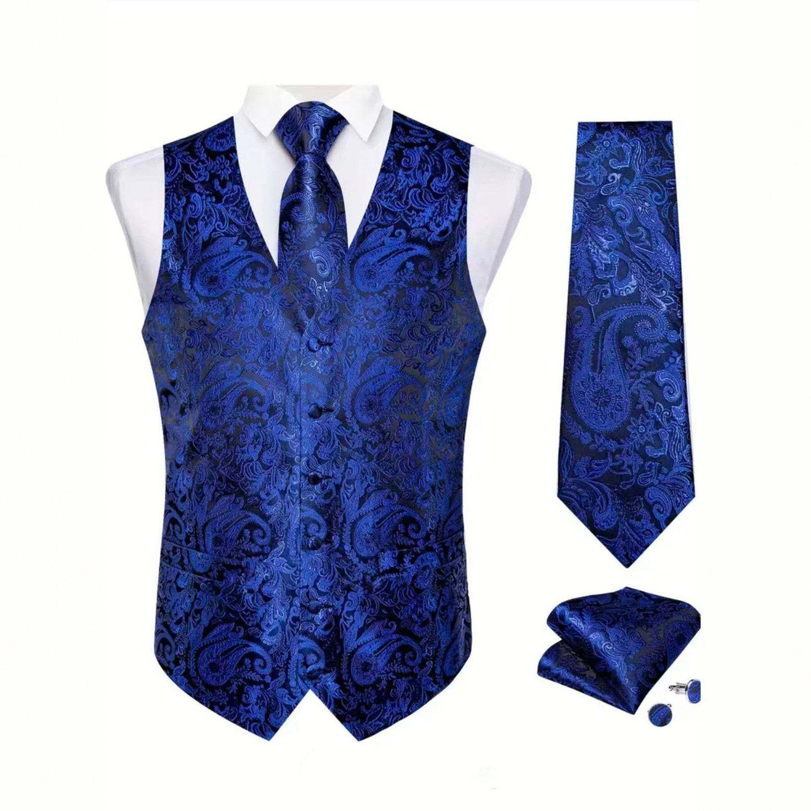 Hi-Tie Navy Blue Mens Vest Formal Silk Paisley Waistcoat Jacket Tie Handkerchief Cufflinks Set For Male Dress Suit Wedding Party 240615