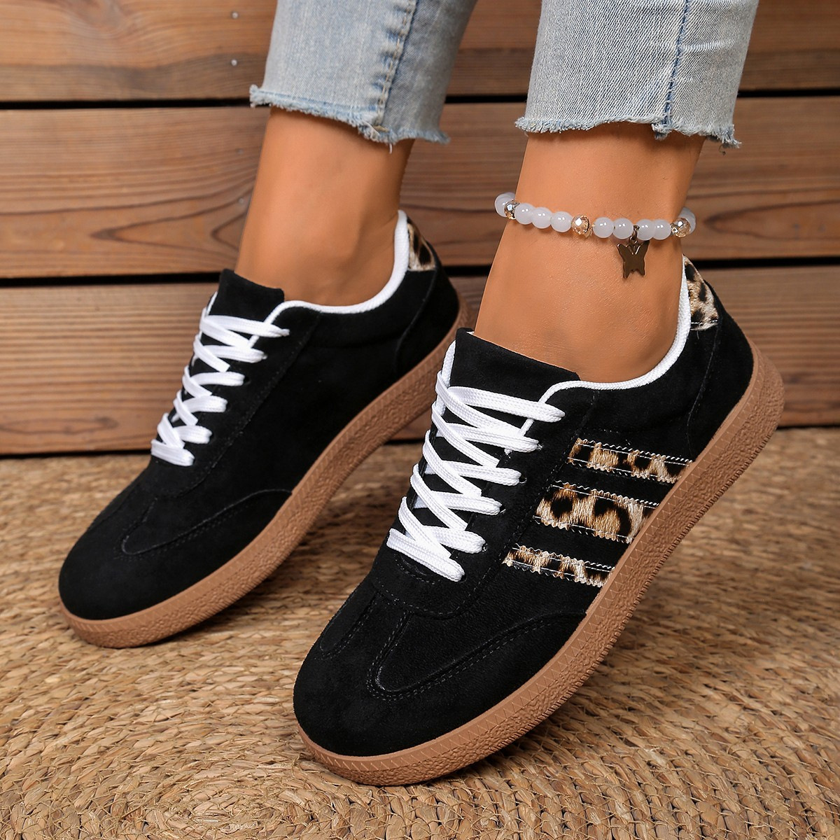 Women's Beige Suede Sneakers With Leopard Print Stripes And Gum Sole