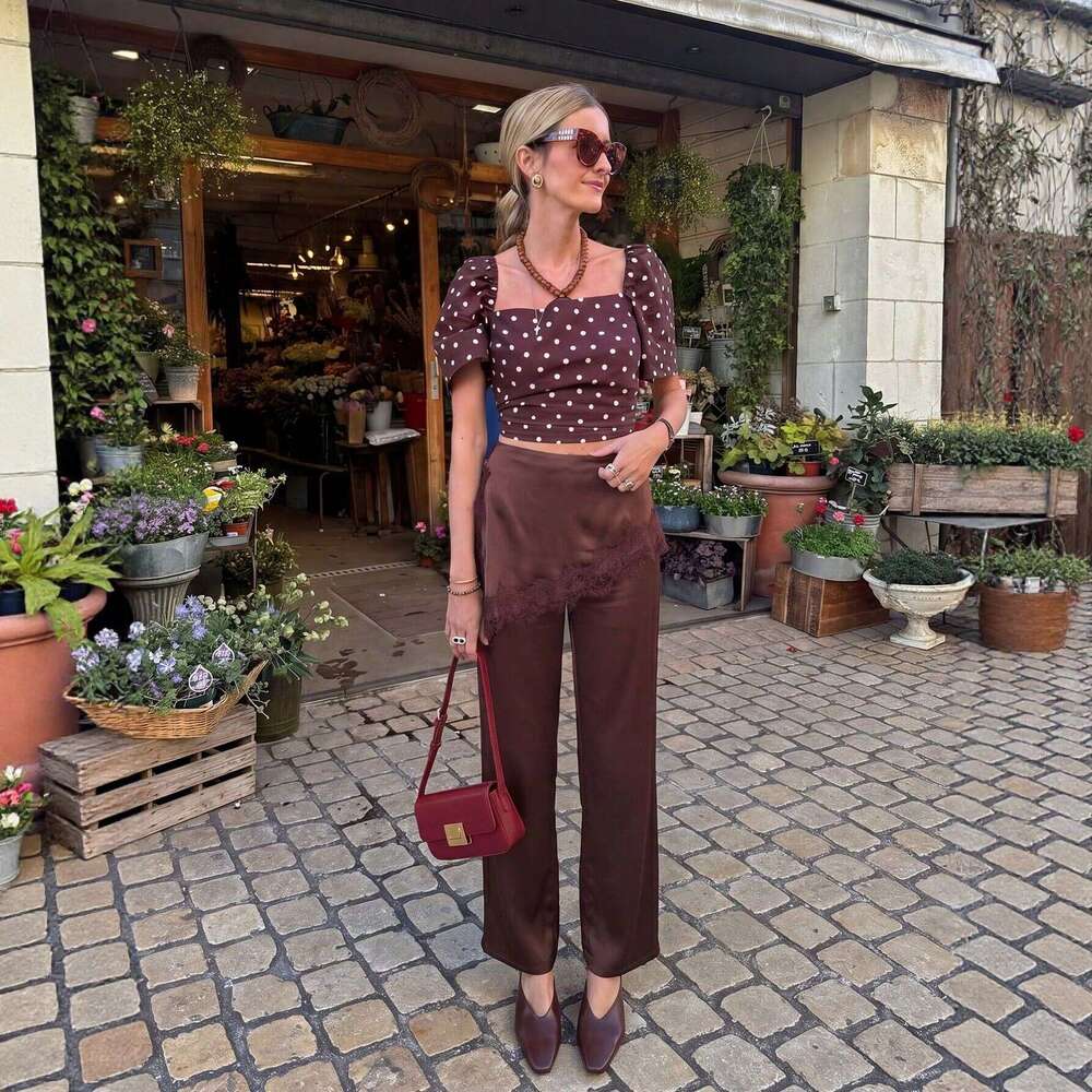 Cross-Border Women's Fashion European American High-Waisted Wide-Leg With Lace Splicing, Loose And Drapey Casual Trousers, New Spring Versatile P