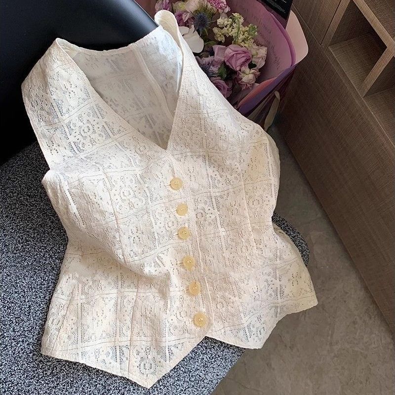 French Apricot Heavy Lace Embroidery Vest for Women Summer High-end Elegant Old Money Style Sleeveless Vest