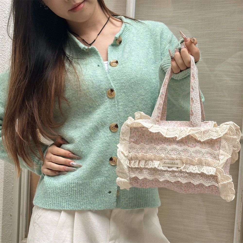 JIAERDI Sweet Lace Y2k Hand Bag Women Girls Bow Cute Canvas Bucket Bag Female Harajuku Fairycore Messenger Bag Bolso Mujer 240810