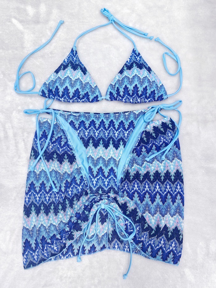 Summer Womens Swimsuit 3 Piece Knitted Bikini Set with Wrap Coverup Halter Swimsuits for Beach Vacations 260402