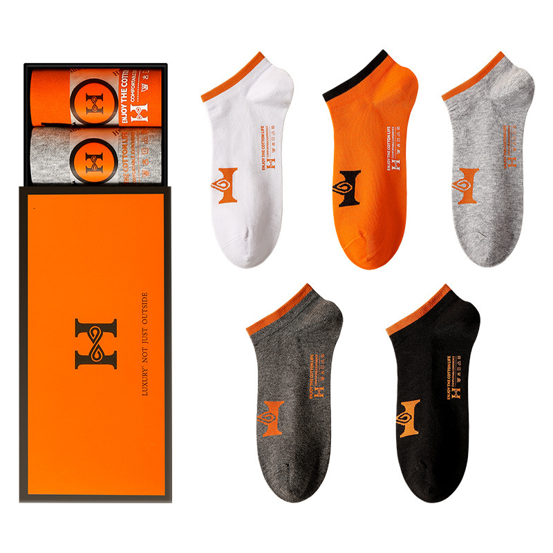 Senior designer fashionable men's short socks 5 pairs gift box cotton ultra-thin breathable multi-functional casual low cut ankle socks essential