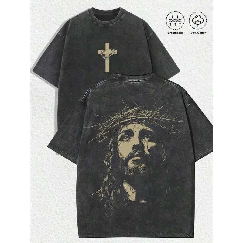 Mens Religious Graphic Tee - Jesus Crown of Thorns Oversized Cotton T-Shirt Casual StreetwearT260504