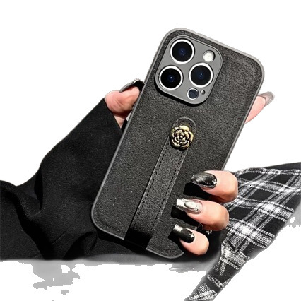 Japanese and Korean INS Moon Pit Pattern iPhone 16 Pro Max Case Camellia Wrist Strap Leather 15 Full Coverage