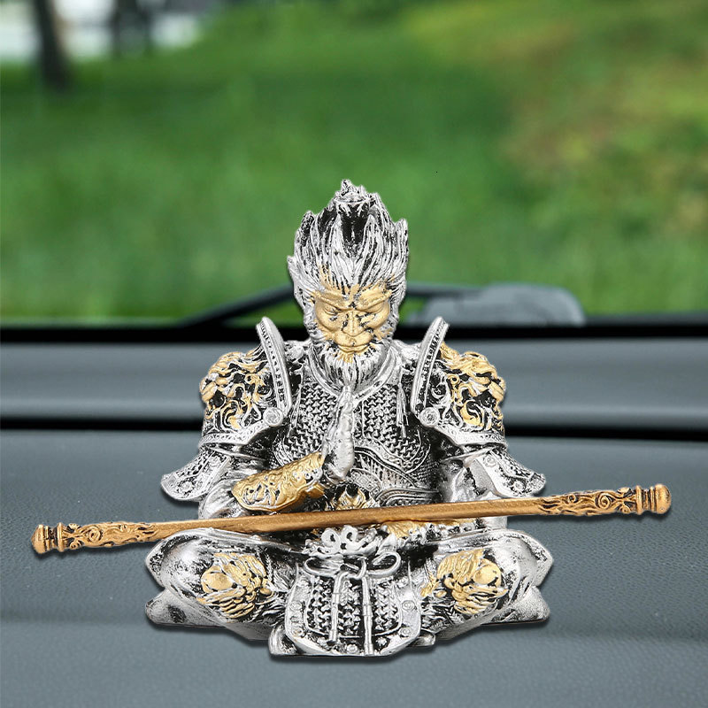 Vibrant Monkey King Figurine - 1 Set Hand-Painted Plastic Car Dashboard Ornament with Golden Hooped Staff 260227
