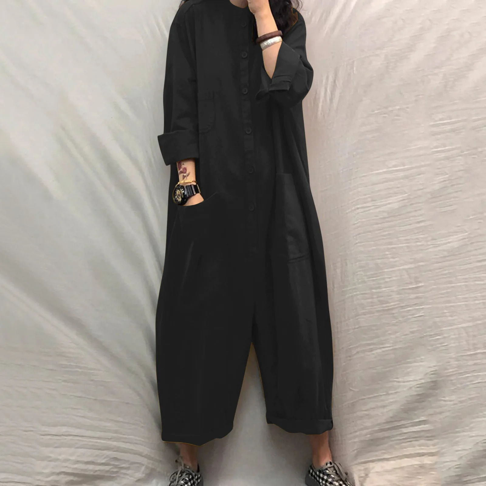 Solid Color Casual Loose Pocket Jumpsuit Women Fall Simple Long Sleeve Shirt Female Vacation Rompers Fashionable Streetwear 260506