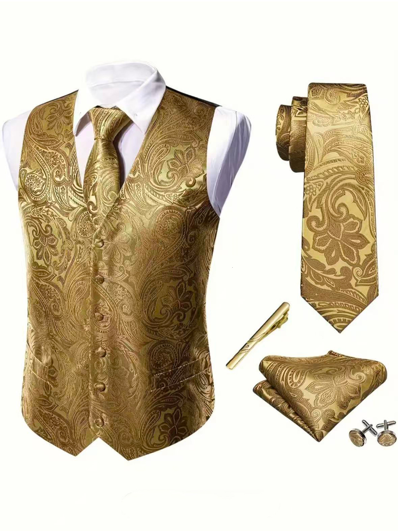 Hi-Tie Navy Blue Mens Vest Formal Silk Paisley Waistcoat Jacket Tie Handkerchief Cufflinks Set For Male Dress Suit Wedding Party 240615