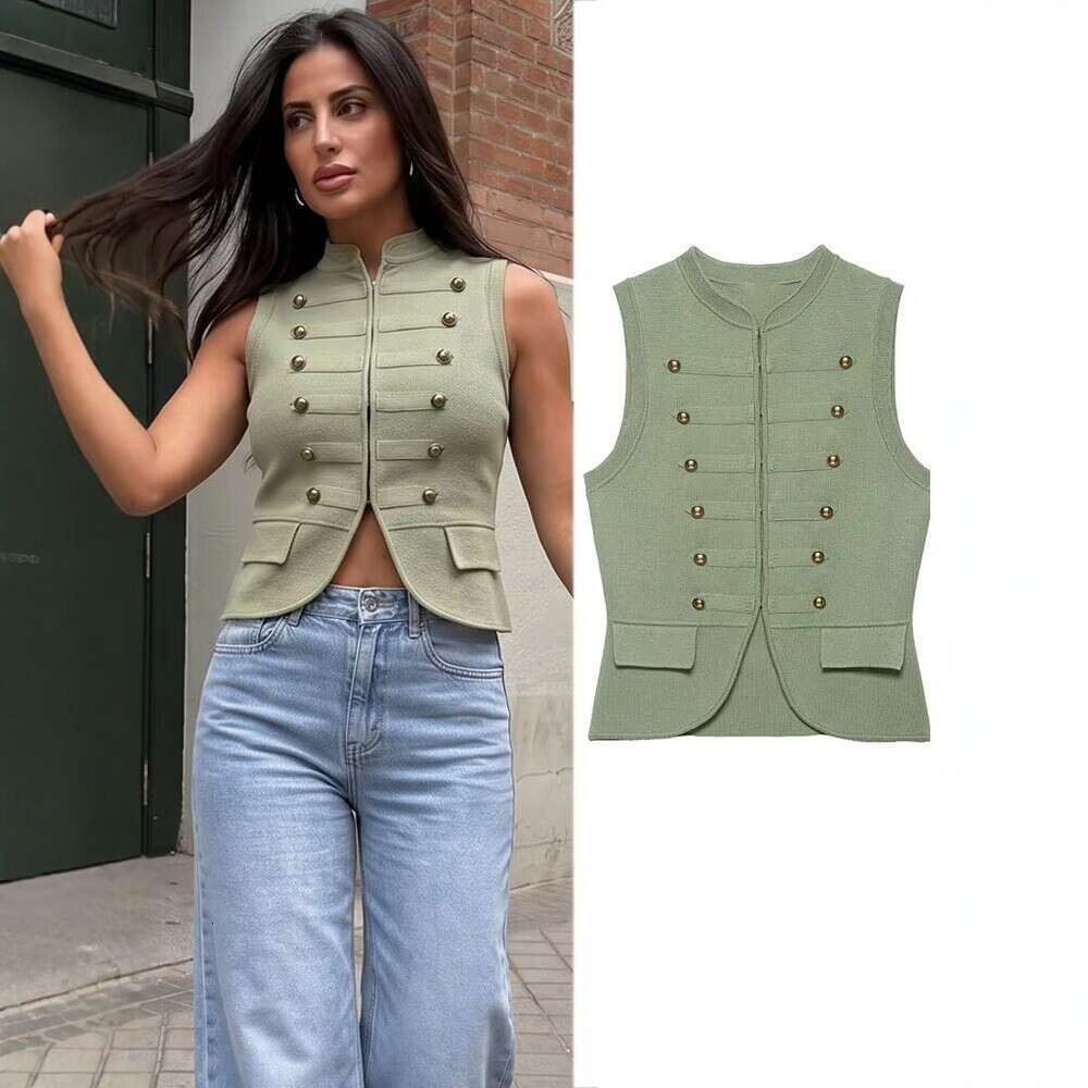 Cross-Border Women's New Summer Fashion European American Style Sleeveless Knitted With Stand-Up Collar And Double-Breasted Buttons, Stylish Shor