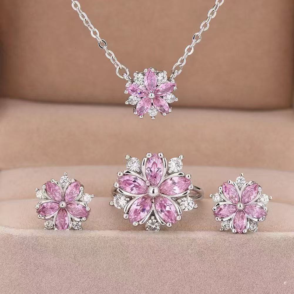 925 Sterling Silver Wedding Ring Women Pink Flower Bracelets Earrings Necklace Rings Fashion Jewelry Sets 240524