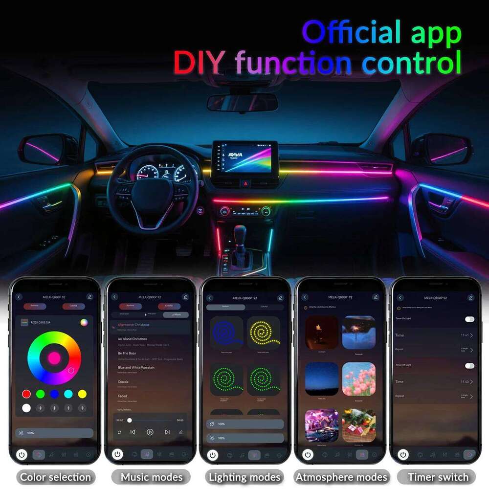 18 in 1 RGB Ambient Kit 64 Color Music APP Dynamic Streamer LED Hidden Acrylic Neon Strip Car Interior Light