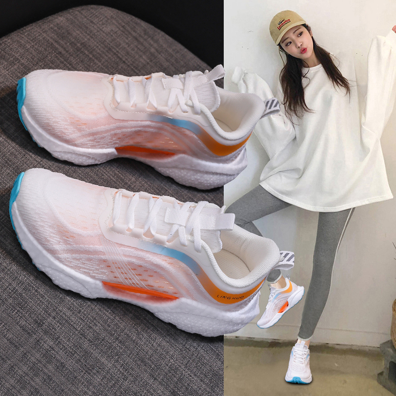 Women's Lightweight White-Orange Gradient Mesh Running Minimalist Shoes With Breathable Upper And "XO" Logo