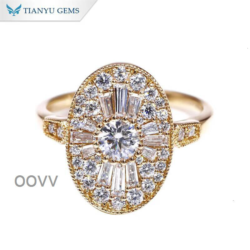 Tianyu Gems 45mm Round and Trapezoid Cut Moissanite 10k14k 18k Yellow Gold Antique Style Jewelry Rings for Women Engagement