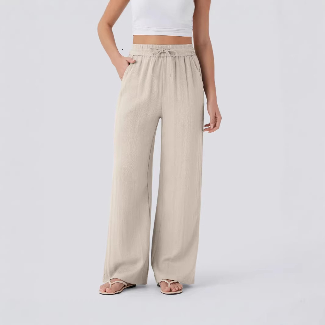 2026 Women High Waist Linen Pants, Drawstring Side Pocket Elastic Waist Flowy Wide Leg Beach Casual Trousers