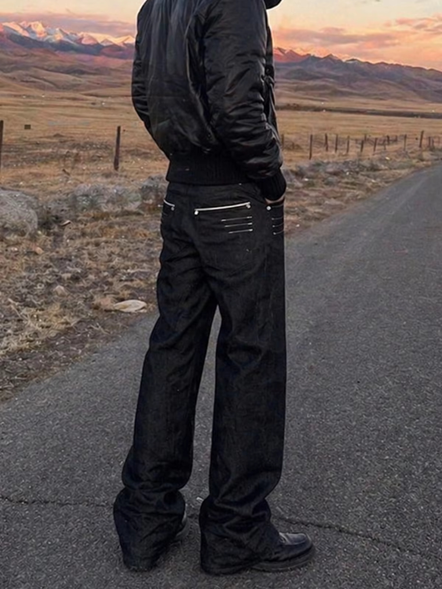 MIJKO Flared Raw Denim Unisex Jeans Washed Wide Leg Dark Blue Leather Patch Long Pants TJ180