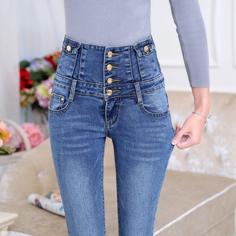Spring and Autumn Style Buttoned HighWaisted SlimFit Elastic Jeans for Women Korean Version Pencil Pants 211129
