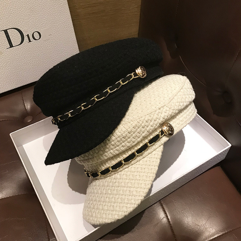 British flat top octagonal hat for women, Japanese autumn and winter new collection, retro fashion chain duckbill hat, Korean version navy beret