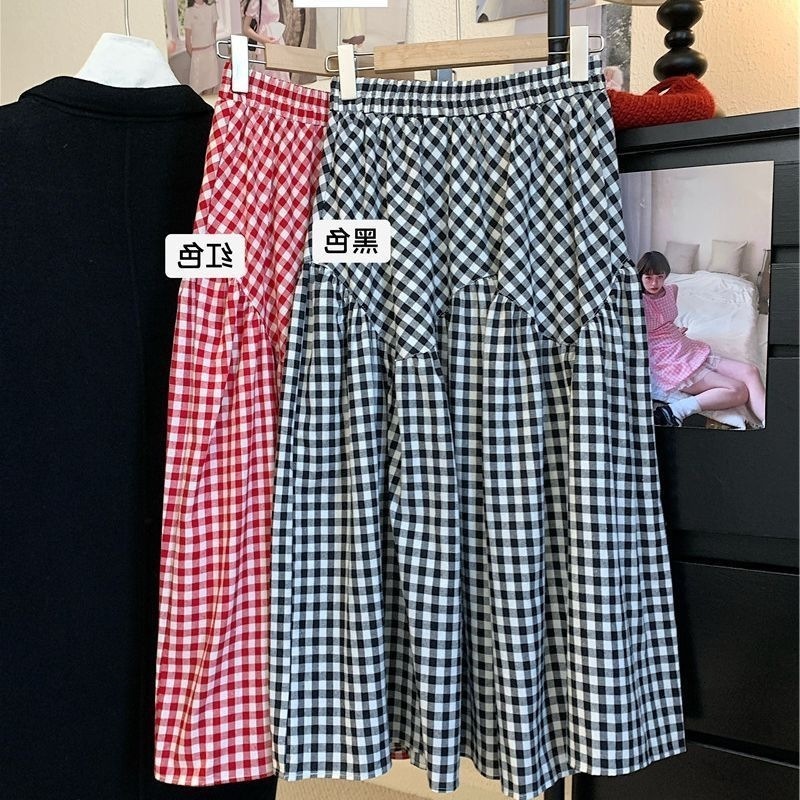 Plaid high-waisted A-line skirt for women new versatile slimming casual mid-length skirt 250311
