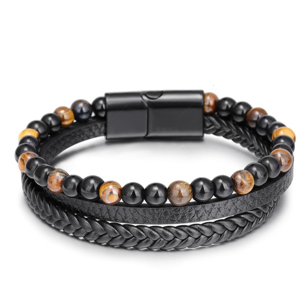 Simple hand woven leather natural Tiger Eye Stone Bracelet volcanic stone beads mens 260122