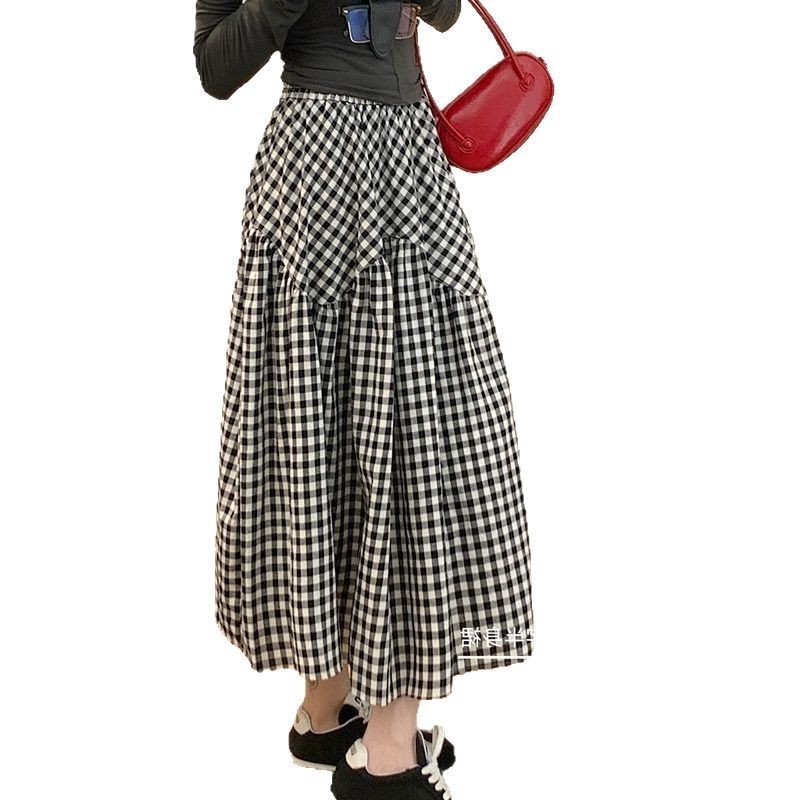 Plaid high-waisted A-line skirt for women new versatile slimming casual mid-length skirt 250311