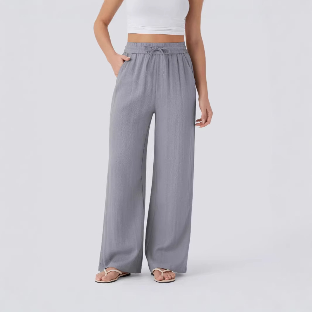 2026 Women High Waist Linen Pants, Drawstring Side Pocket Elastic Waist Flowy Wide Leg Beach Casual Trousers