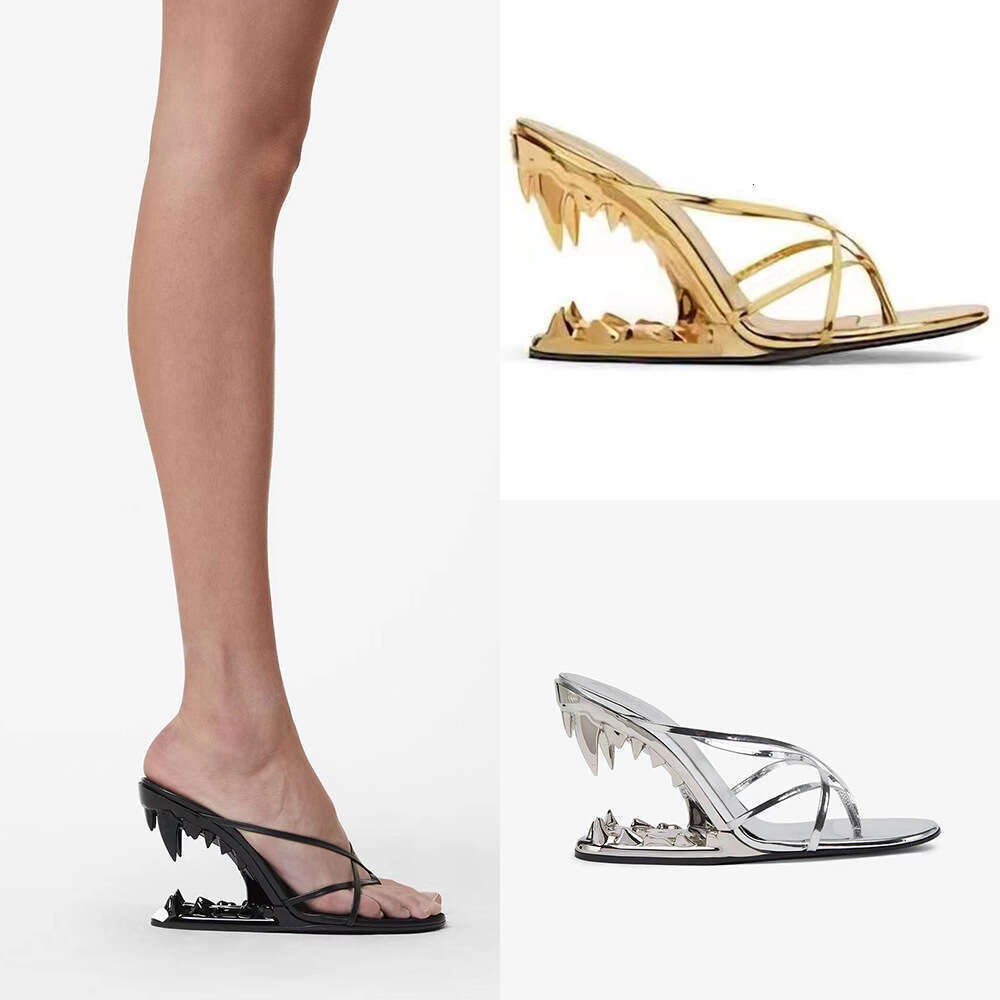 Spring 2026 New European And American Fashion Show Tooth-Shaped Irregular Women's High Heel Slippers Catwalk Style Wedge Cross