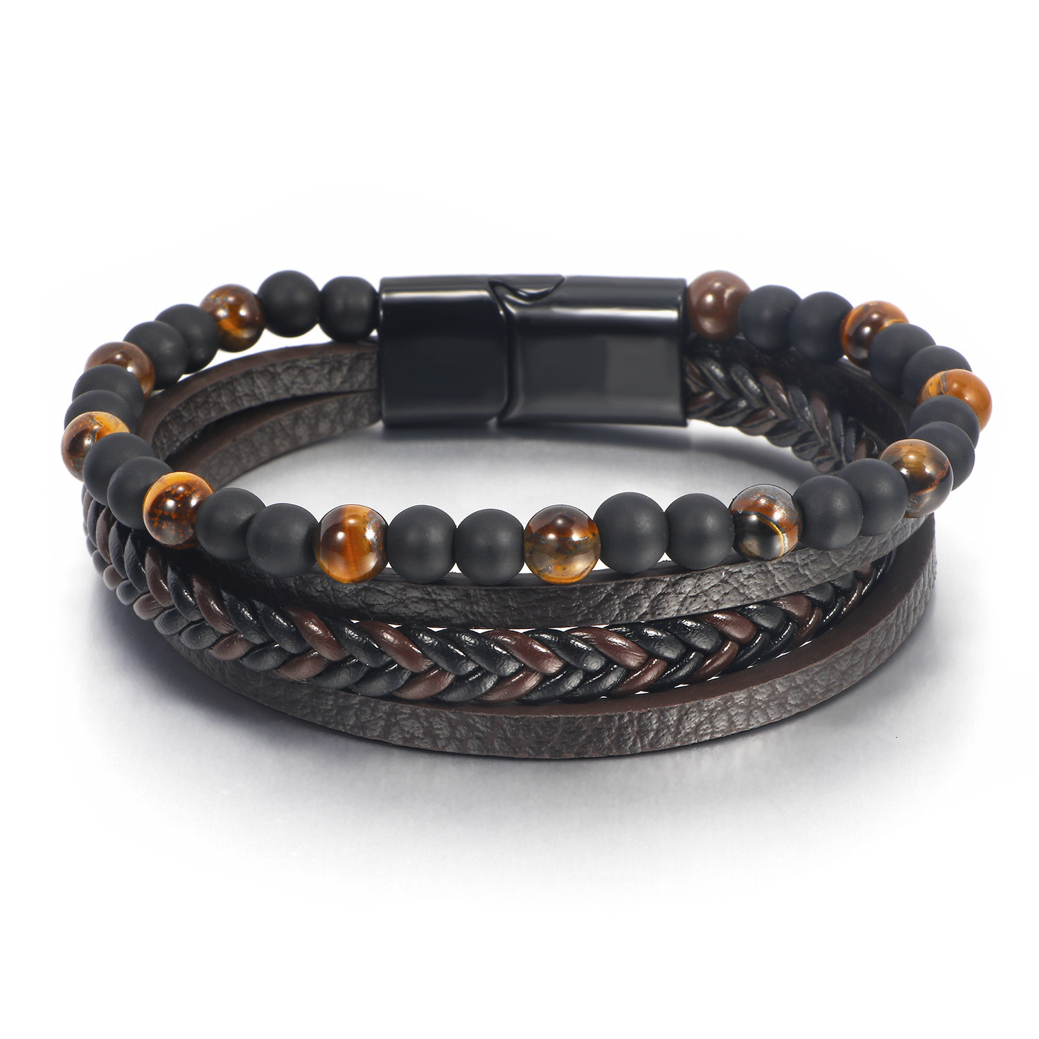 Simple hand woven leather natural Tiger Eye Stone Bracelet volcanic stone beads mens 260122